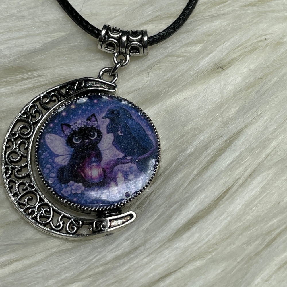 Double Black Cat Double Sided Moon Pendant - Gothic Witchy Jewelry -Artisan - Picture 14 of 16